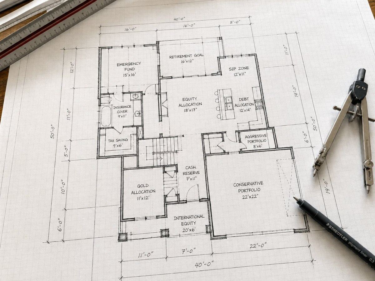 Hand-drawn architectural financial plan with goals, allocations, and reserves