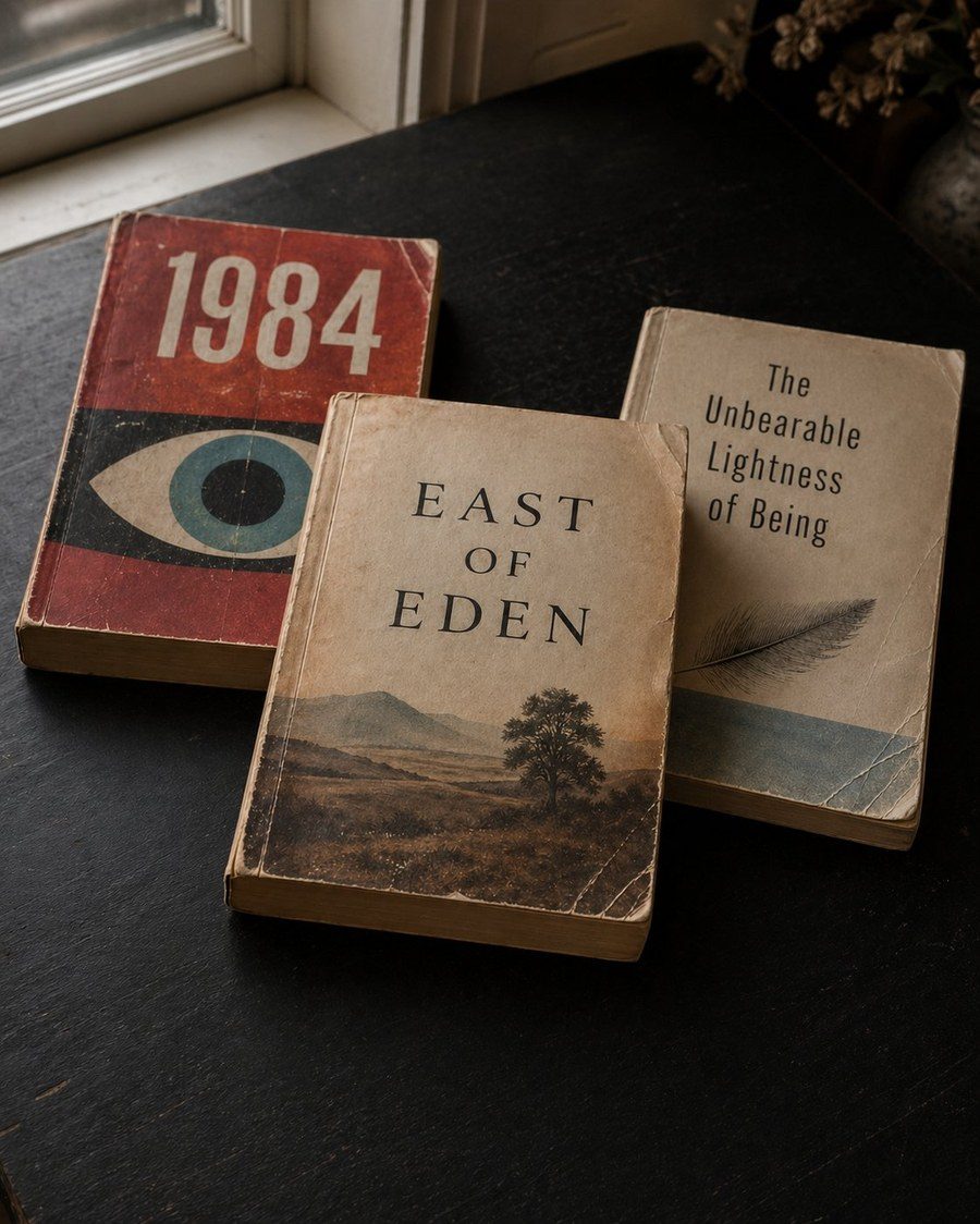 Three worn paperback novels - 1984, East of Eden, and The Unbearable Lightness of Being - on a dark tabletop near a window